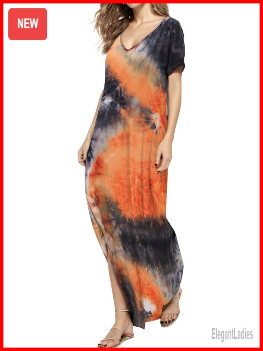 V-Neck Casual Loose Short Sleeve Long Maxi Dress with Side Pocket